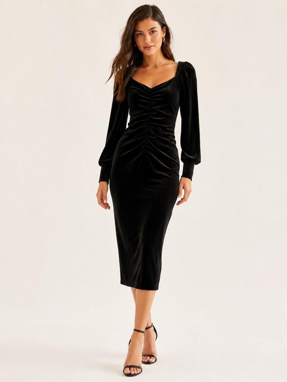Mila Mae Black Velvet Ruched Bodycon Midi Dress XS Long Sleeve Stretch EUC